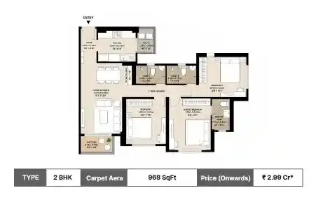 Mahindra Rainforest 3 BHK floor plan, 968 sq ft carpet area