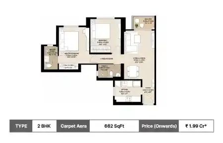 Mahindra Rainforest 2 BHK floor plan, 662 sq ft carpet area